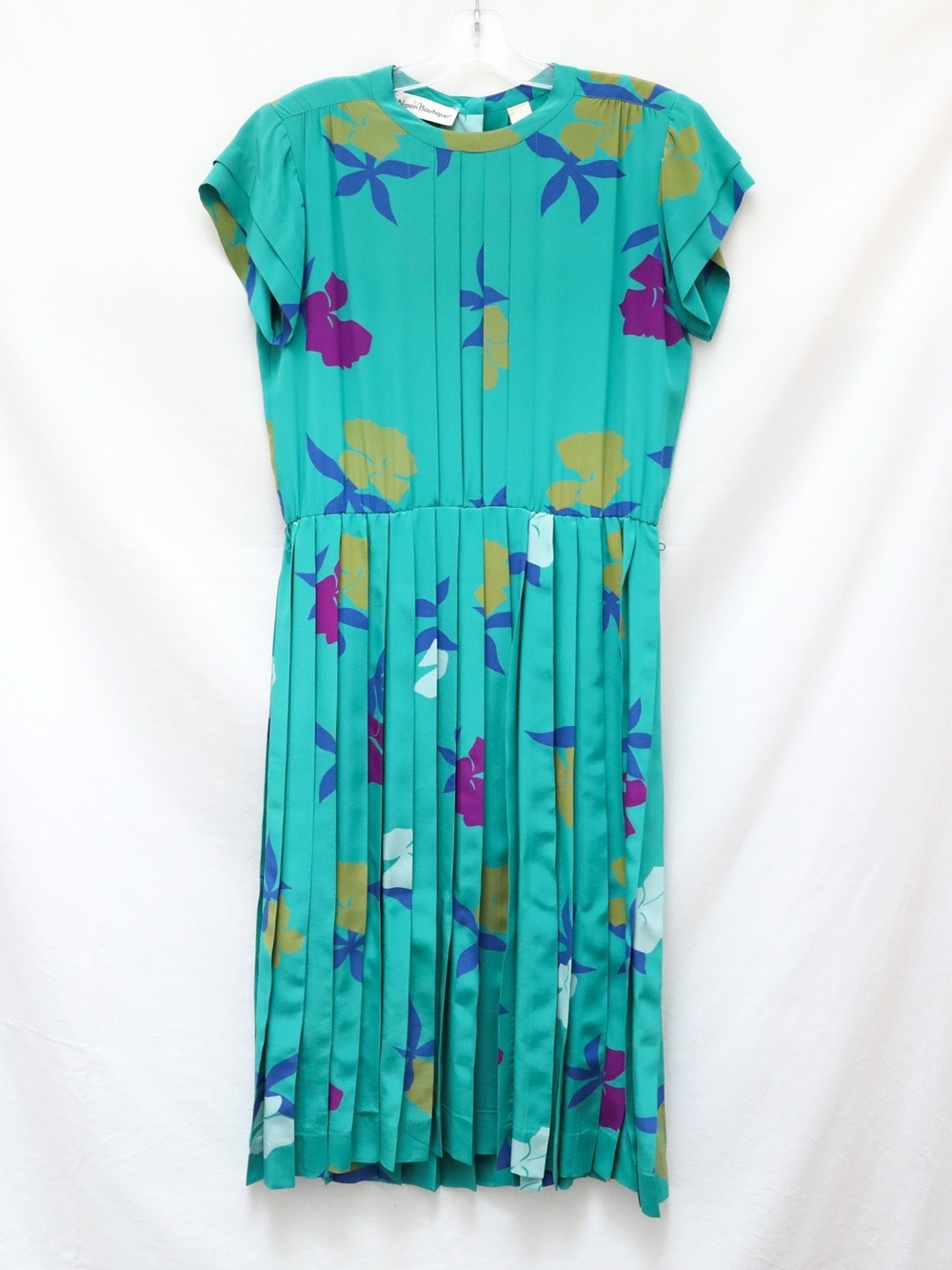Vintage 70s silk dress Nipon Boutique teal turquoise pleated floral size 10